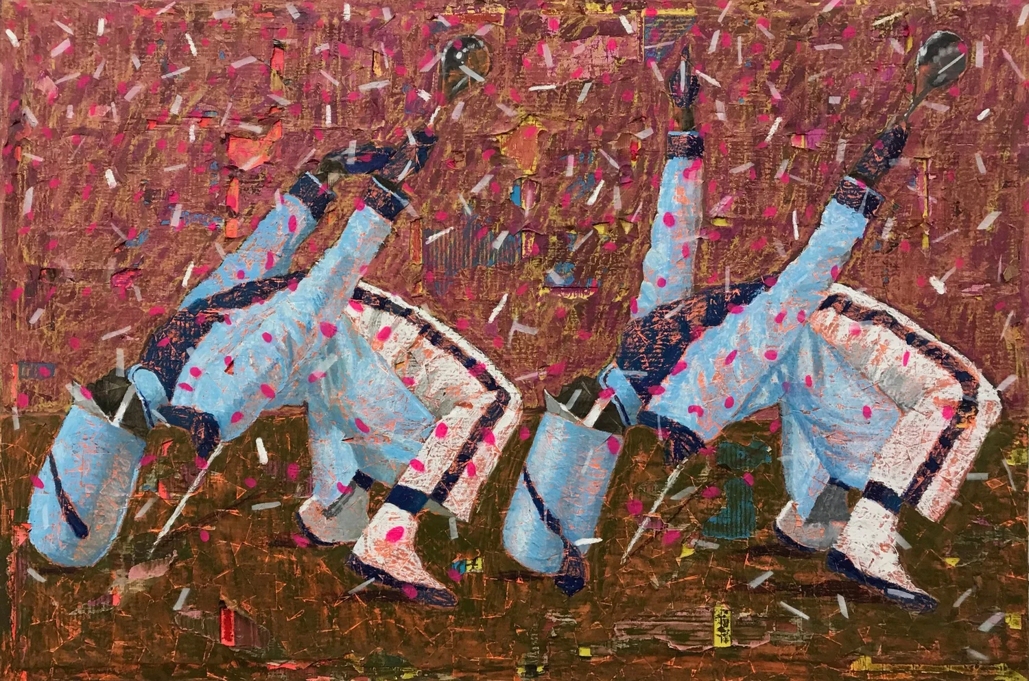 Abstract artwork featuring two blue figures with pink accents on textured background