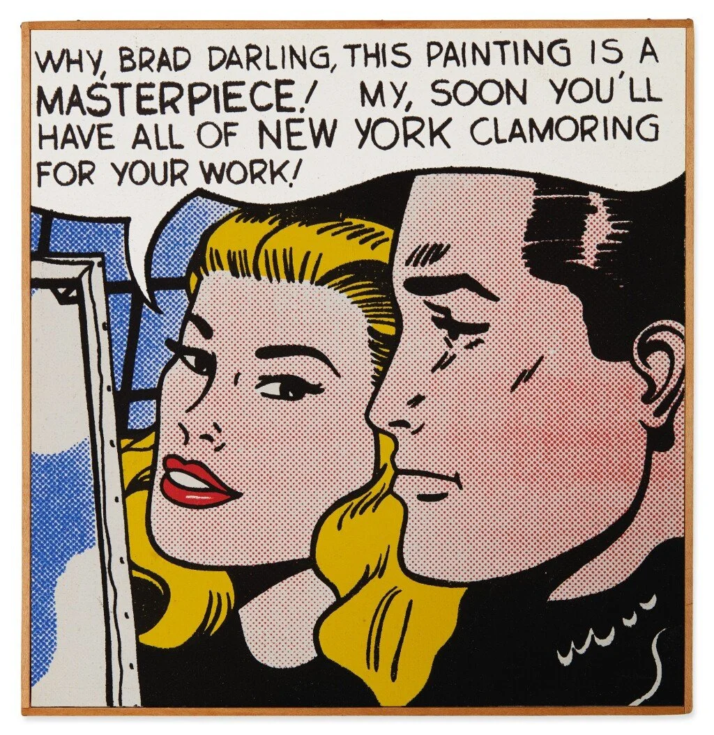Pop art comic panel showing man praising woman's painting masterpiece