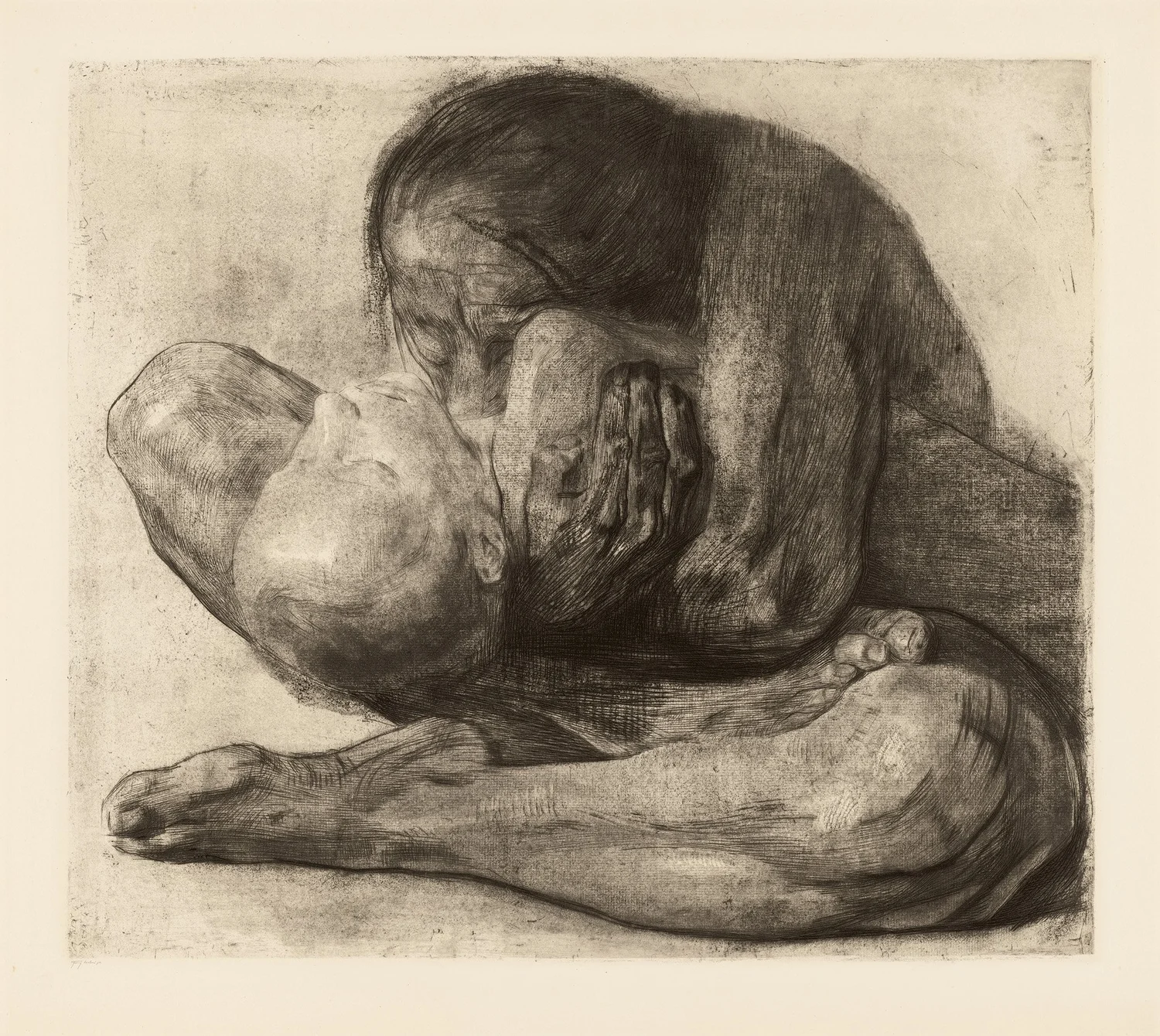 Etching depicting woman holding infant child in tender embrace