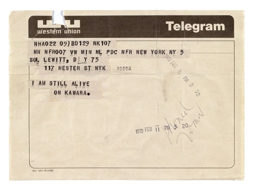 Western Union telegram dated February 11, 1970, message reads "I am still alive on Kawara"