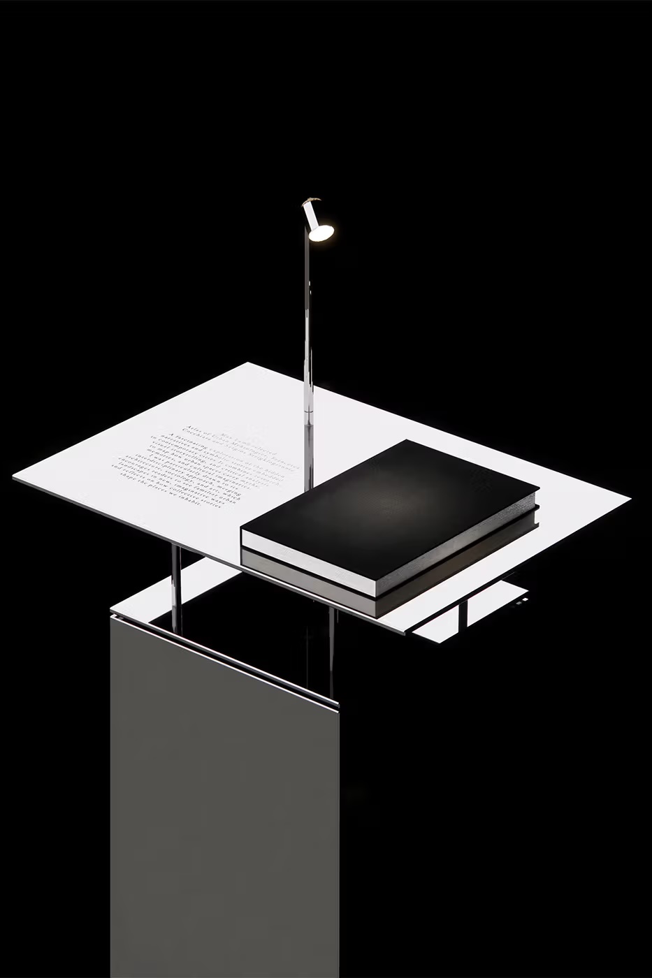 Isometric illustration of desk with book, papers, and reading lamp on pedestal