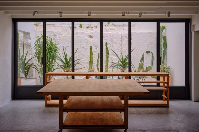 Table in front of a large glass window with several large plants outside of the glass