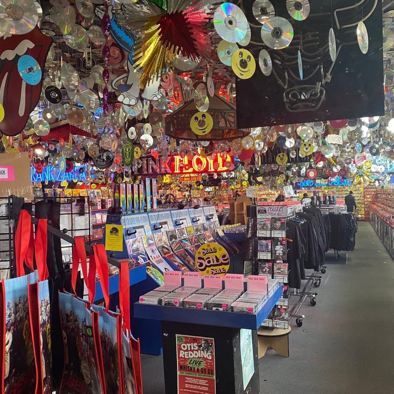 brightly colored interior of a record store in Chicago