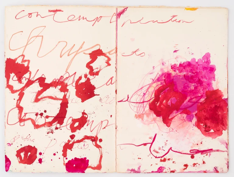 Close-up detail of Cy Twombly’s Untitled (Contemplation of the Chrysanthemum) series showing loose, handwritten-like marks and abstract forms in red and pink tones.