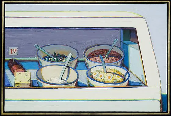 painting of brightly colored food in a display case